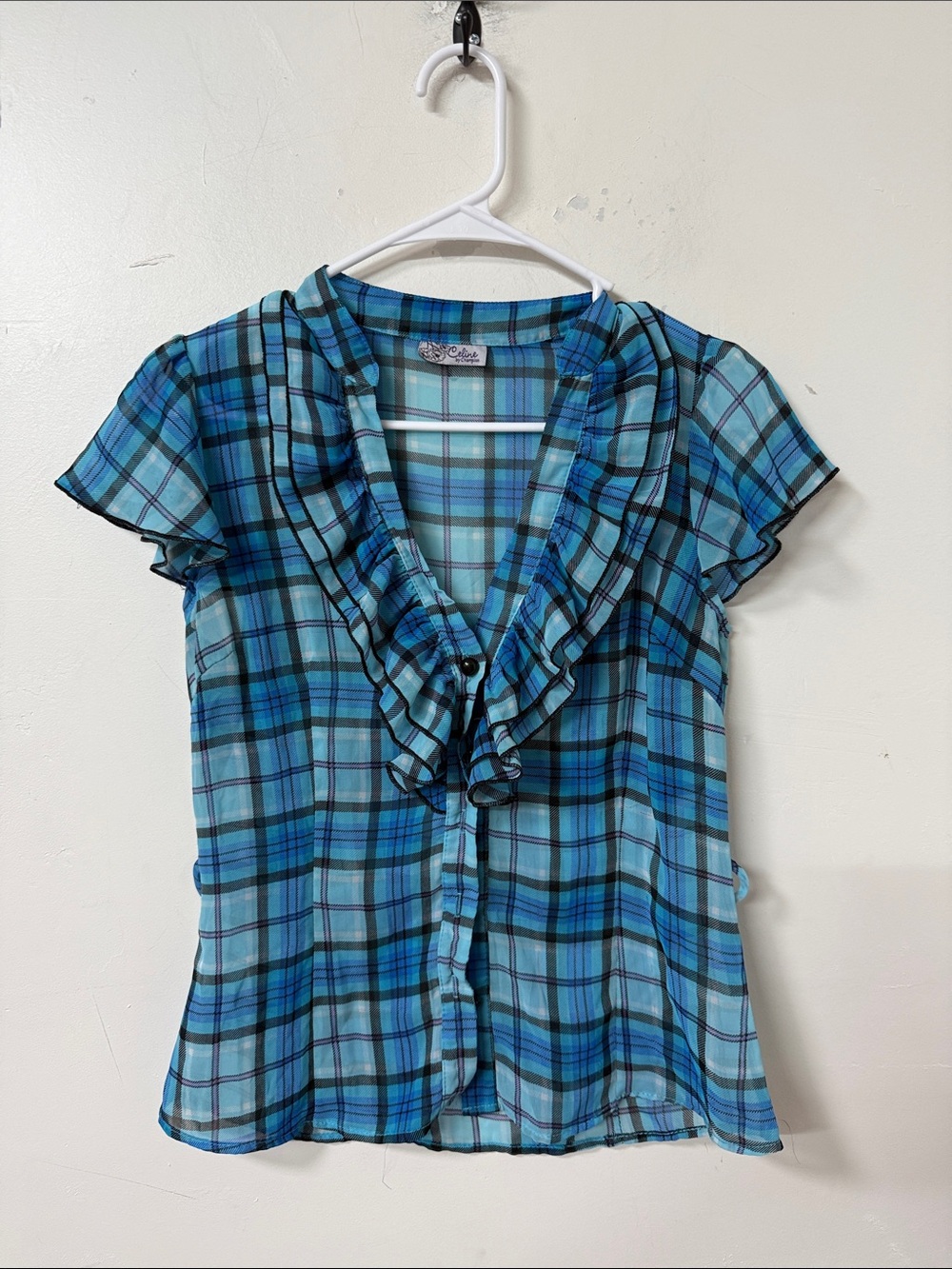 Celine Blue Plaid Ruffled Button-Front Blouse